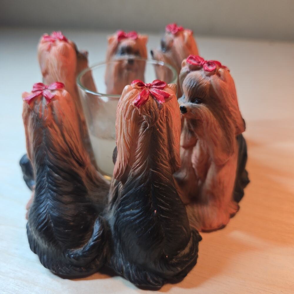 Yorkshire Terrier Candle Ring Dogs With Red Bows By Continental Creations Resin